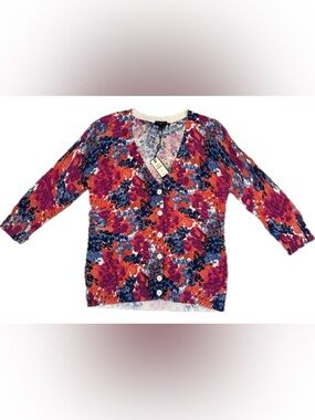 Talbots Floral V-Neck Button Quarter-Sleeve Cardigan